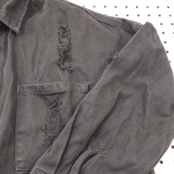 Black Oversized Distressed Jean Shirt Jacket, Size Medium - Picture 4 of 8